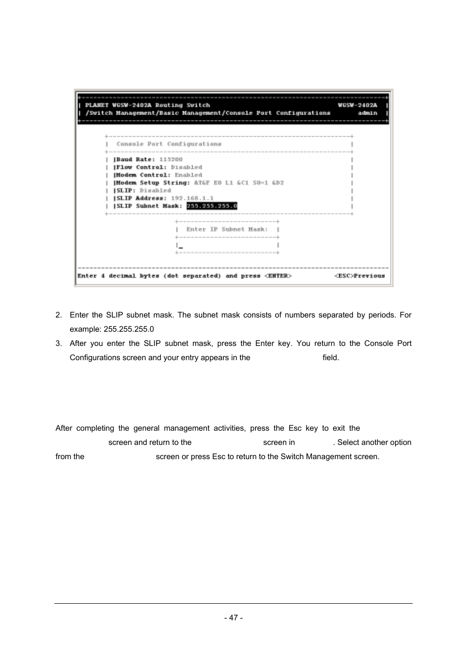 8 returning to the basic management screen | Planet Technology Planet Intelligent Gigabit Ethernet Stackable/Routing Switch WGSW-2402A User Manual | Page 55 / 285