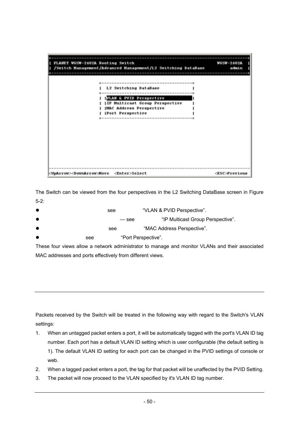2 vlan & pvid perspective | Planet Technology Planet Intelligent Gigabit Ethernet Stackable/Routing Switch WGSW-2402A User Manual | Page 58 / 285