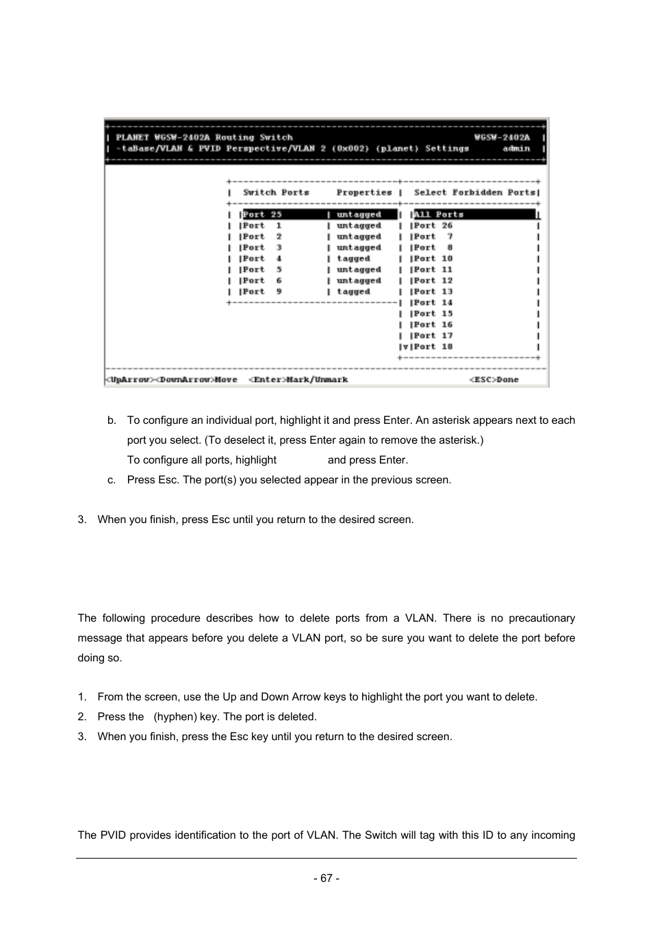 7 deleting ports, 3 configuring pvid | Planet Technology Planet Intelligent Gigabit Ethernet Stackable/Routing Switch WGSW-2402A User Manual | Page 75 / 285