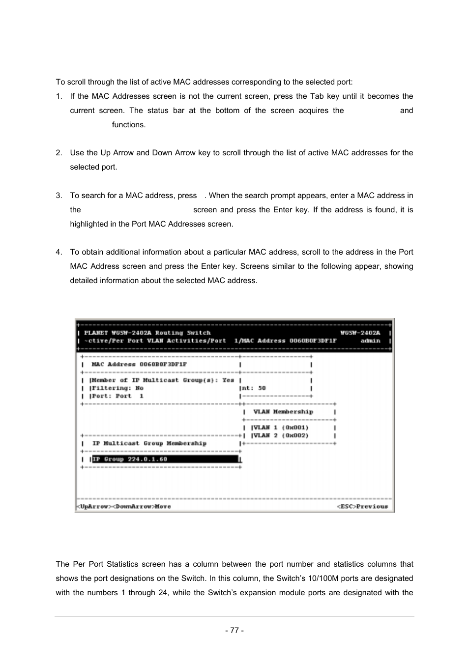 2 scrolling through mac addresses, 3 hiding or displaying the port column | Planet Technology Planet Intelligent Gigabit Ethernet Stackable/Routing Switch WGSW-2402A User Manual | Page 85 / 285