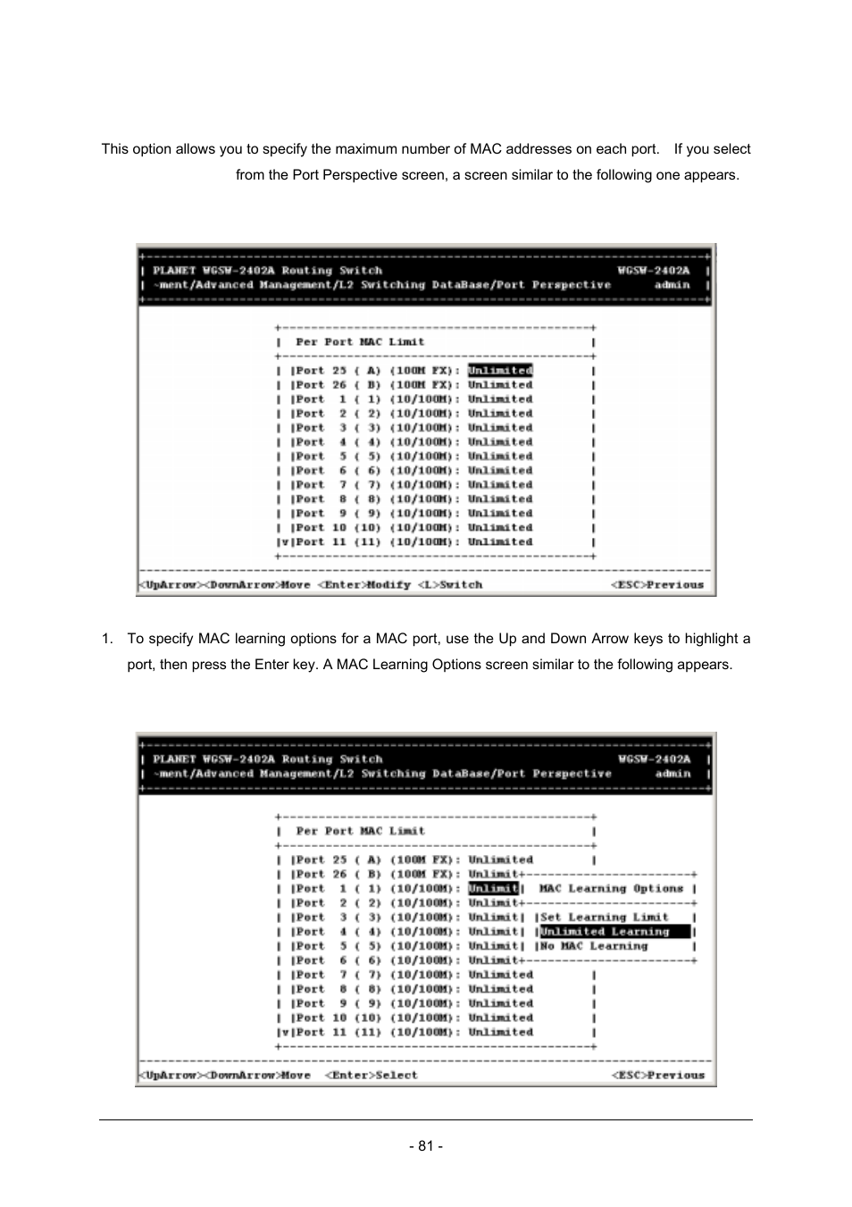 5 per port mac limit | Planet Technology Planet Intelligent Gigabit Ethernet Stackable/Routing Switch WGSW-2402A User Manual | Page 89 / 285