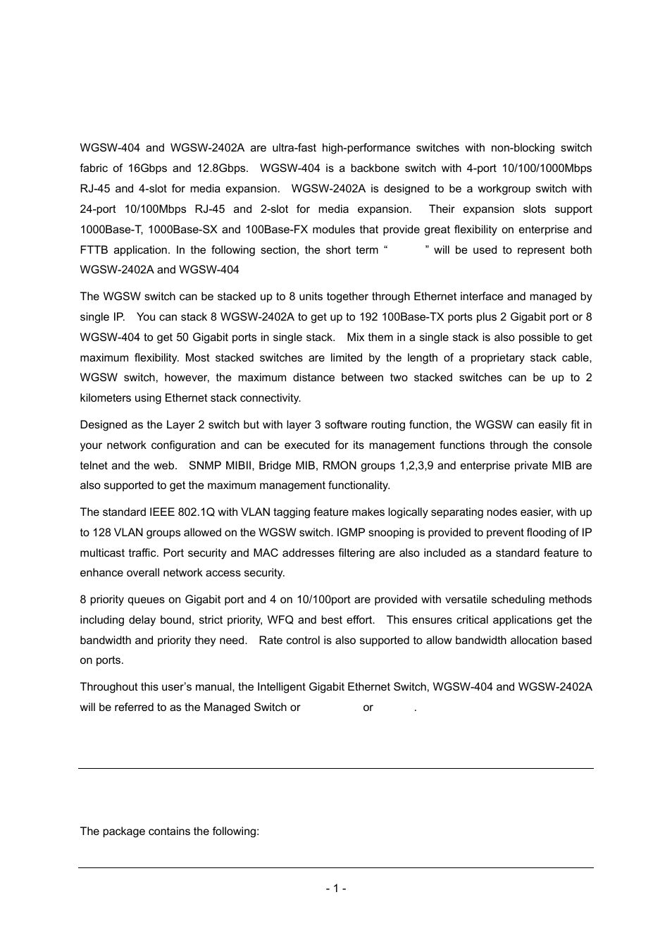 Chapter 1 introduction, 1 package contents | Planet Technology Planet Intelligent Gigabit Ethernet Stackable/Routing Switch WGSW-2402A User Manual | Page 9 / 285