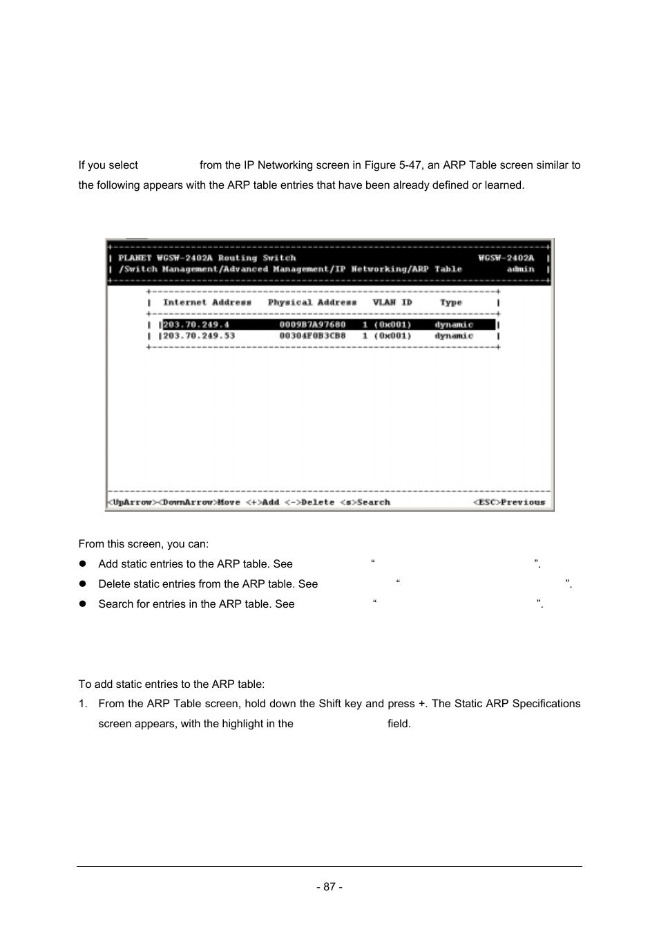 2 arp table setting, 1 adding static arp table entries | Planet Technology Planet Intelligent Gigabit Ethernet Stackable/Routing Switch WGSW-2402A User Manual | Page 95 / 285