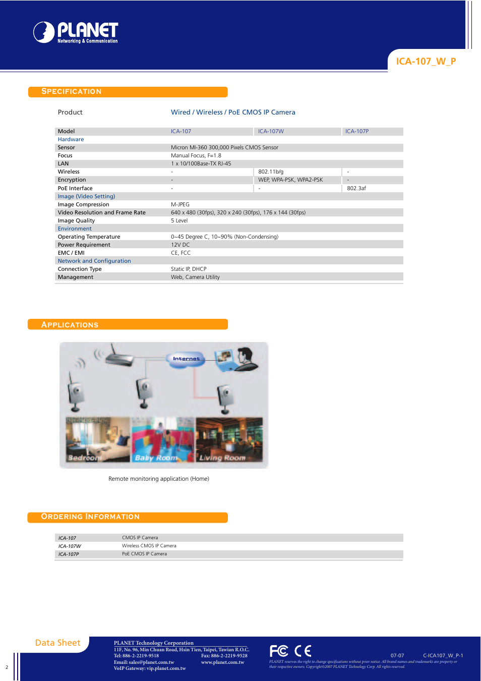 Ica-107_w_p, Specification ordering information data sheet, Applications | Planet Technology ICA-107_W_P User Manual | Page 2 / 2