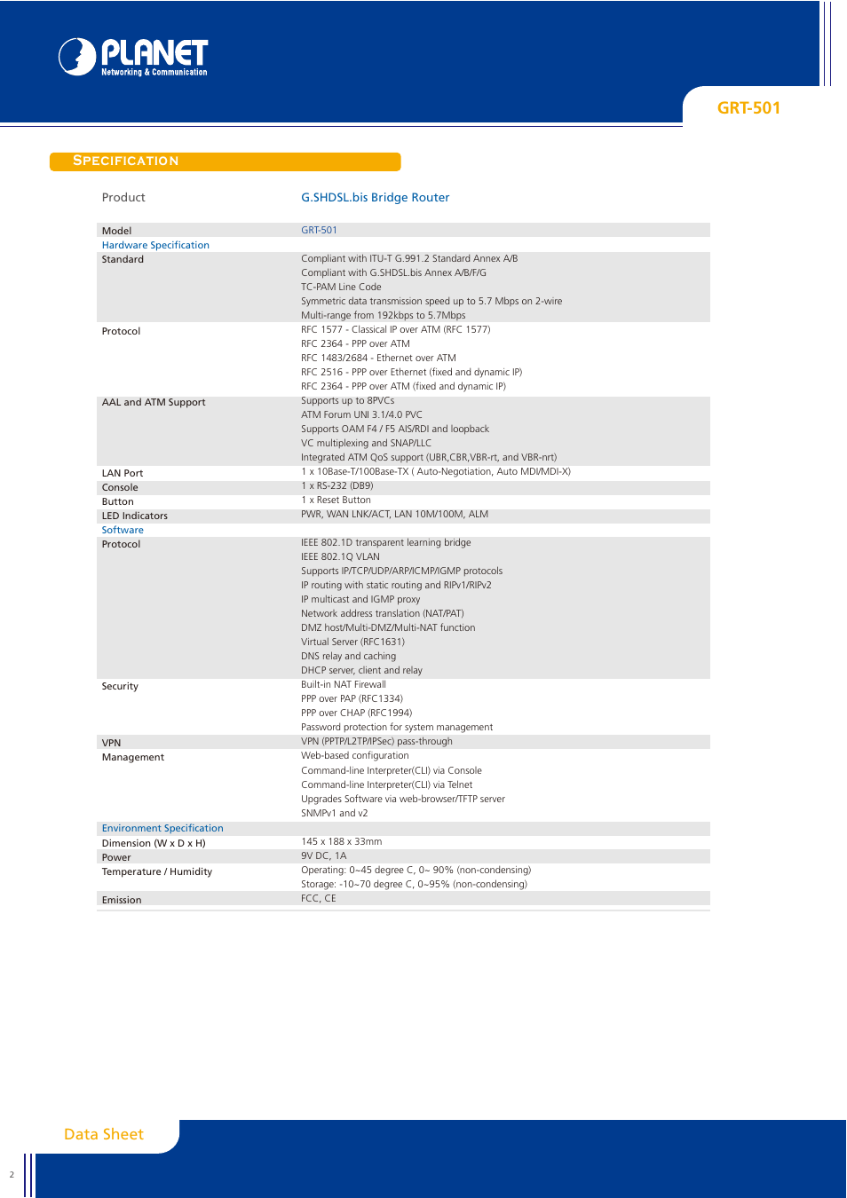 Grt-501, Specification, Data sheet | Planet Technology GRT-501 User Manual | Page 2 / 3