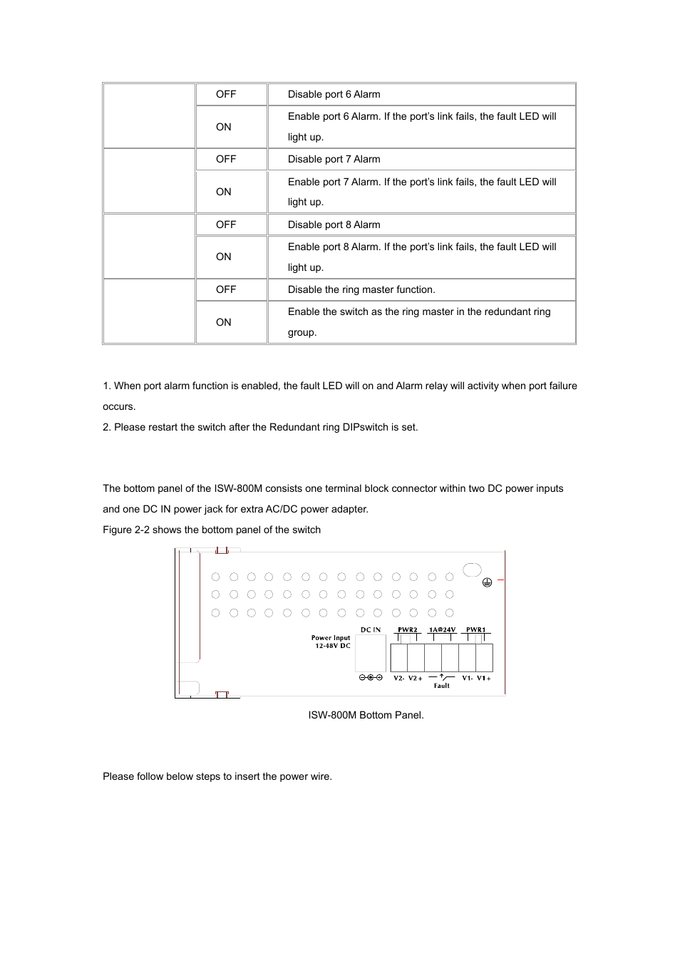 6 switch bottom panel, 7 wiring the power inputs | Planet Technology ISW-800M User Manual | Page 12 / 57