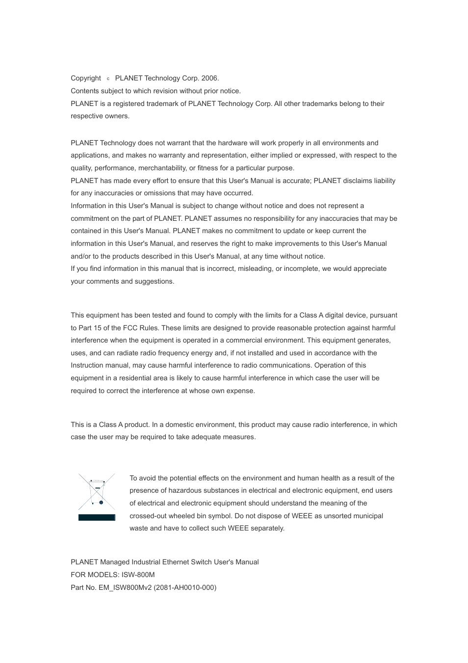 Trademarks, Disclaimer, Fcc warning | Ce mark warning, Weee warning, Revision | Planet Technology ISW-800M User Manual | Page 2 / 57