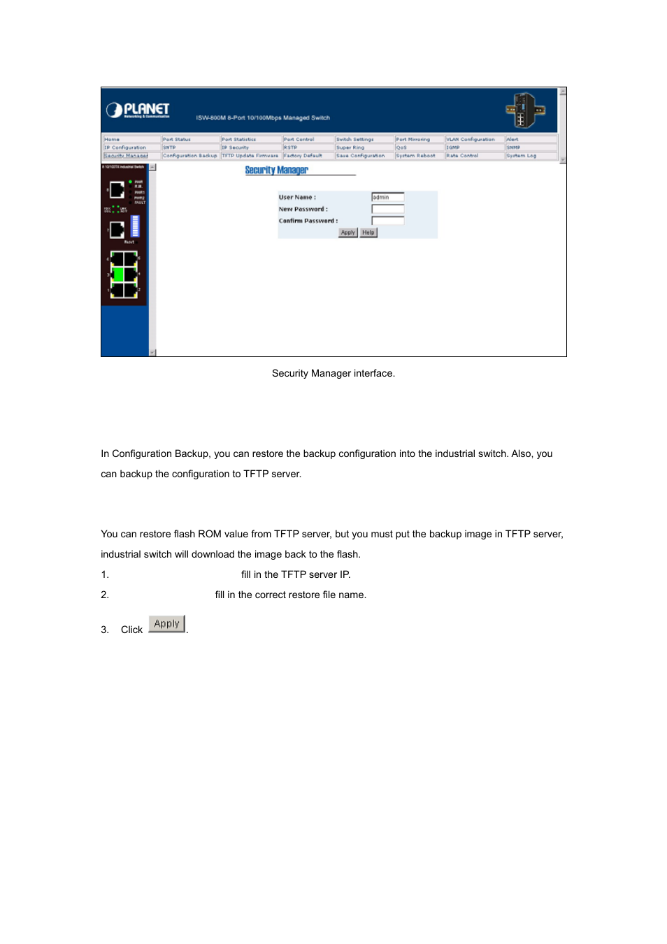 21 configuration backup, 1 tftp restore configuration | Planet Technology ISW-800M User Manual | Page 47 / 57