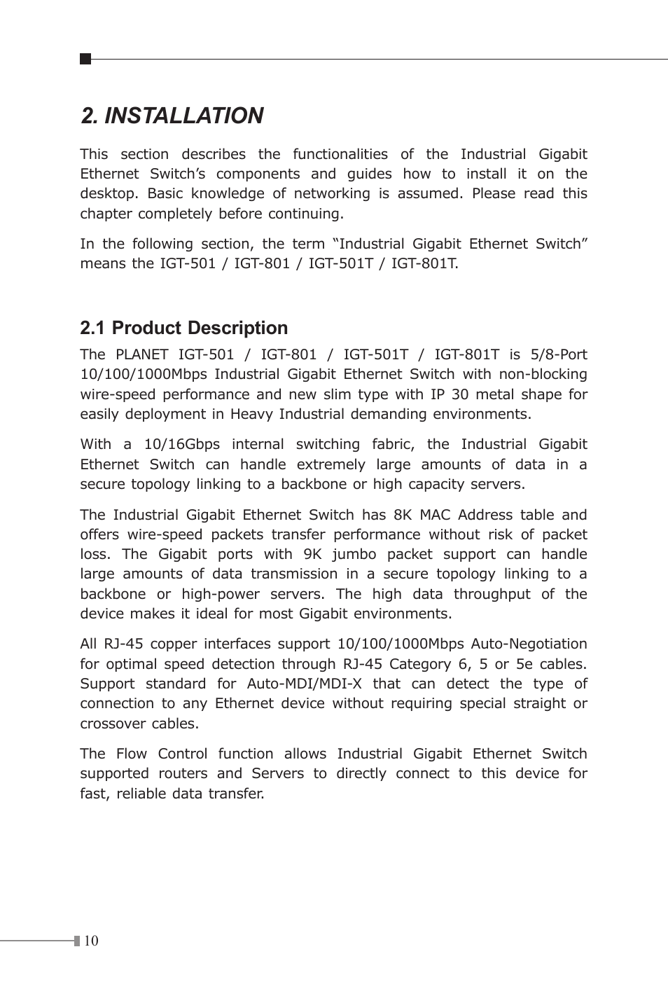 Installation, 1 product description | Planet Technology Industrial Gigabit Ethernet Switch IGS-501 User Manual | Page 10 / 24