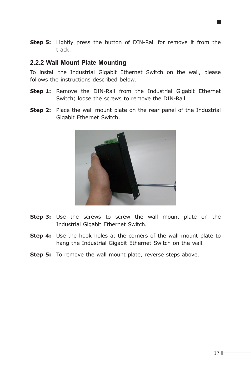 2 wall mount plate mounting | Planet Technology Industrial Gigabit Ethernet Switch IGS-501 User Manual | Page 17 / 24