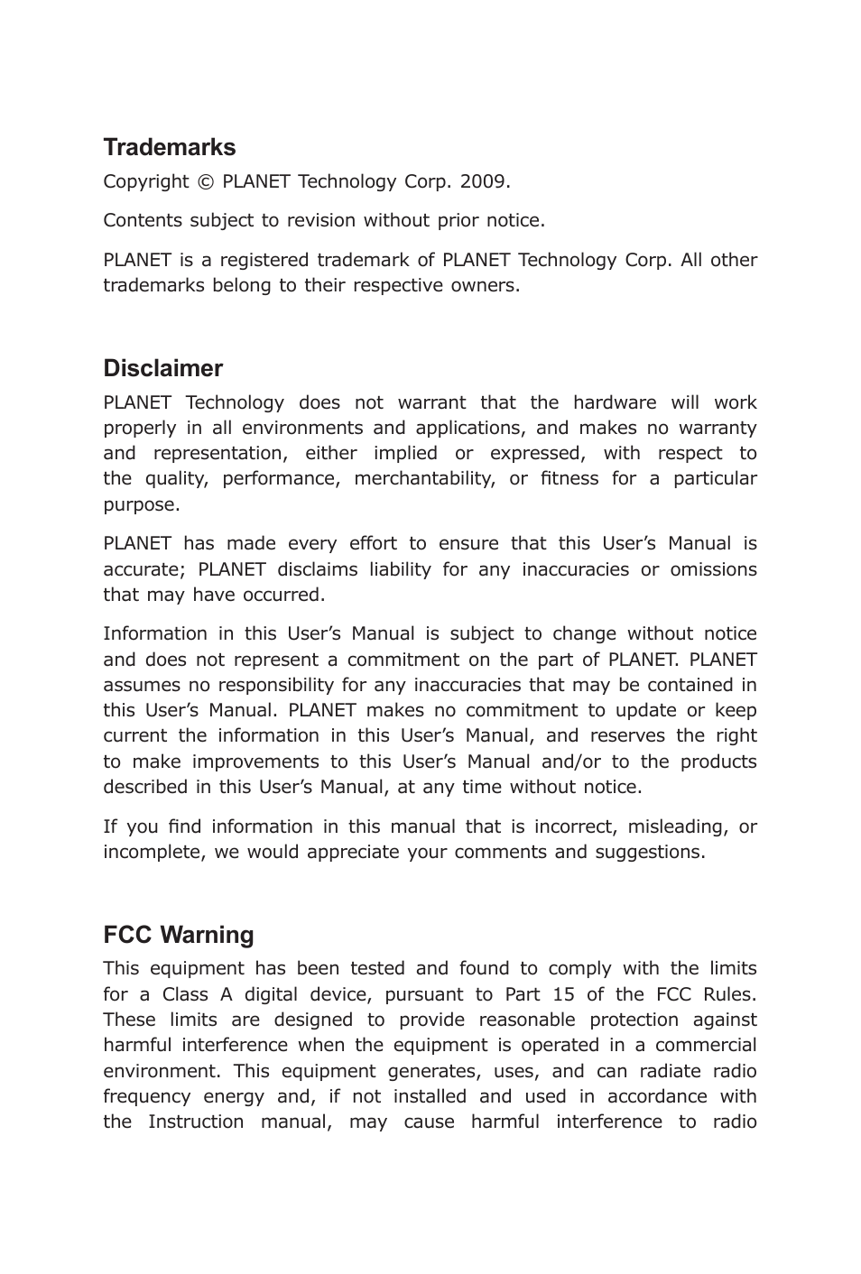 Trademarks, Disclaimer, Fcc warning | Planet Technology Industrial Gigabit Ethernet Switch IGS-501 User Manual | Page 2 / 24