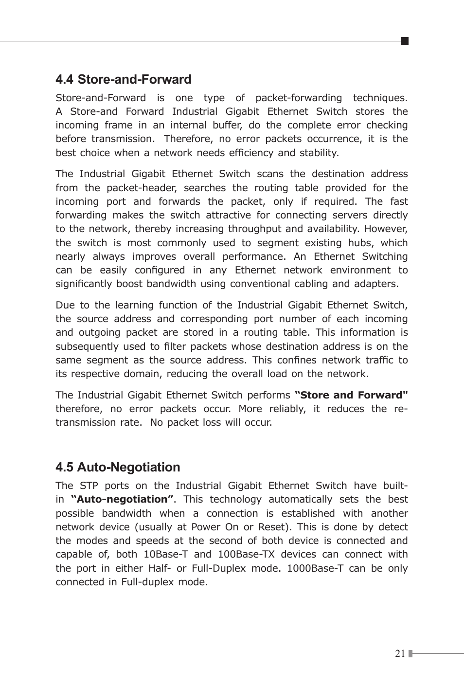 4 store-and-forward, 5 auto-negotiation | Planet Technology Industrial Gigabit Ethernet Switch IGS-501 User Manual | Page 21 / 24