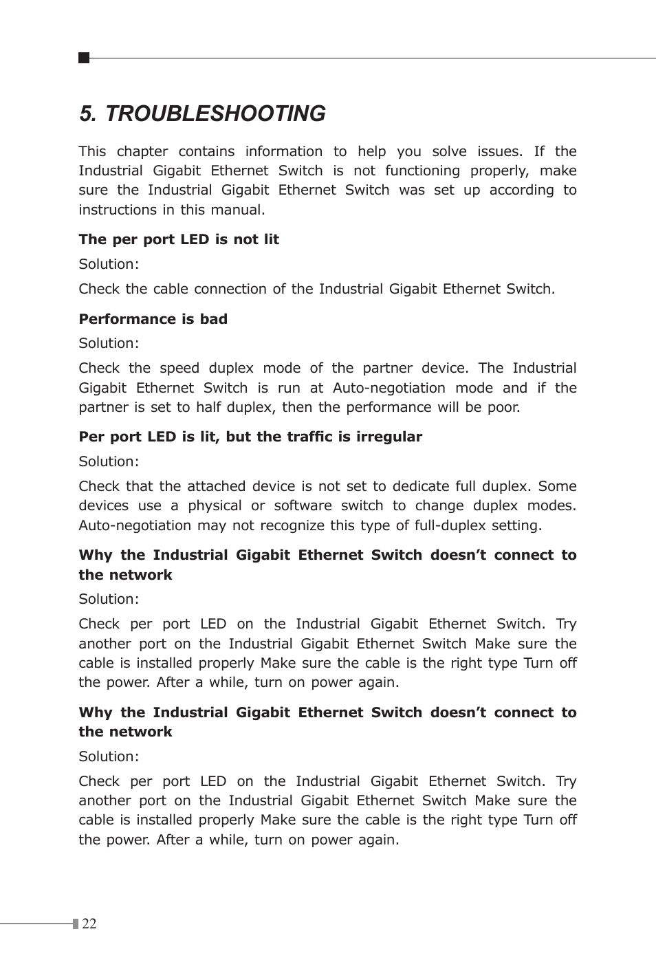 Troubleshooting | Planet Technology Industrial Gigabit Ethernet Switch IGS-501 User Manual | Page 22 / 24