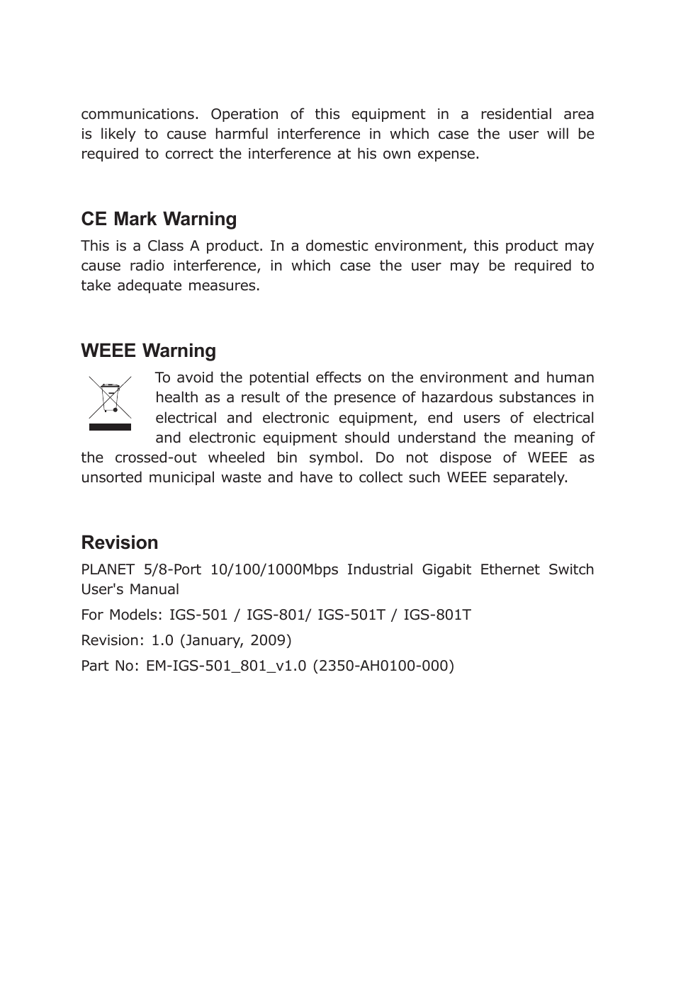 Ce mark warning, Weee warning, Revision | Planet Technology Industrial Gigabit Ethernet Switch IGS-501 User Manual | Page 3 / 24