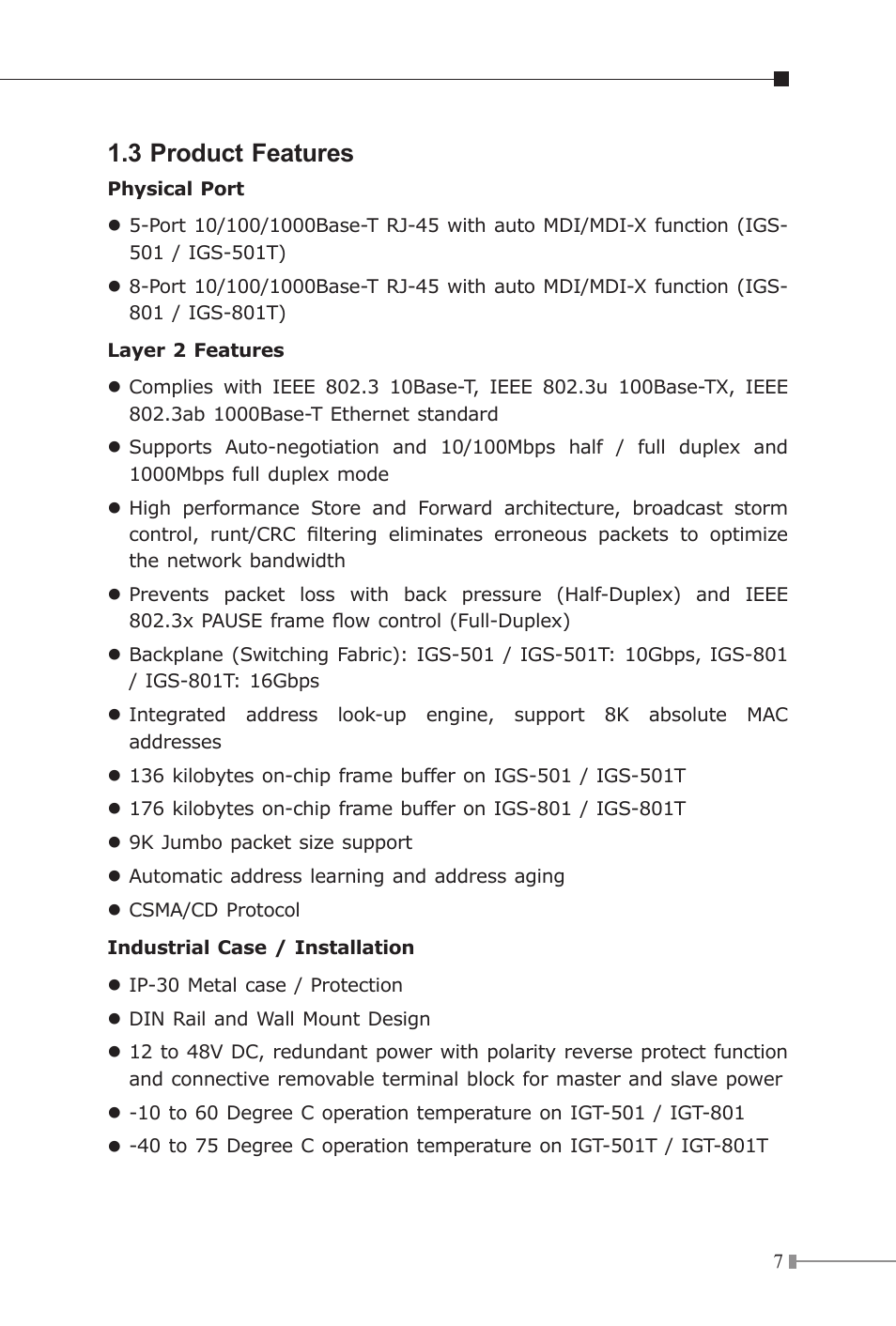 3 product features | Planet Technology Industrial Gigabit Ethernet Switch IGS-501 User Manual | Page 7 / 24