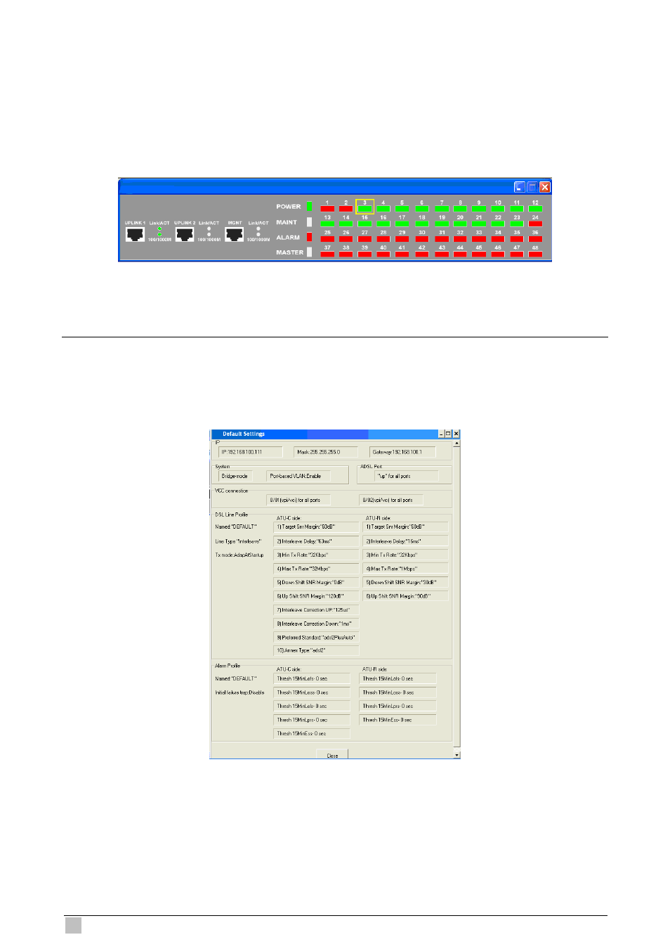 2 front panel status window, 3 default setting | Planet Technology IP DSLAM IDL-4801 User Manual | Page 56 / 707