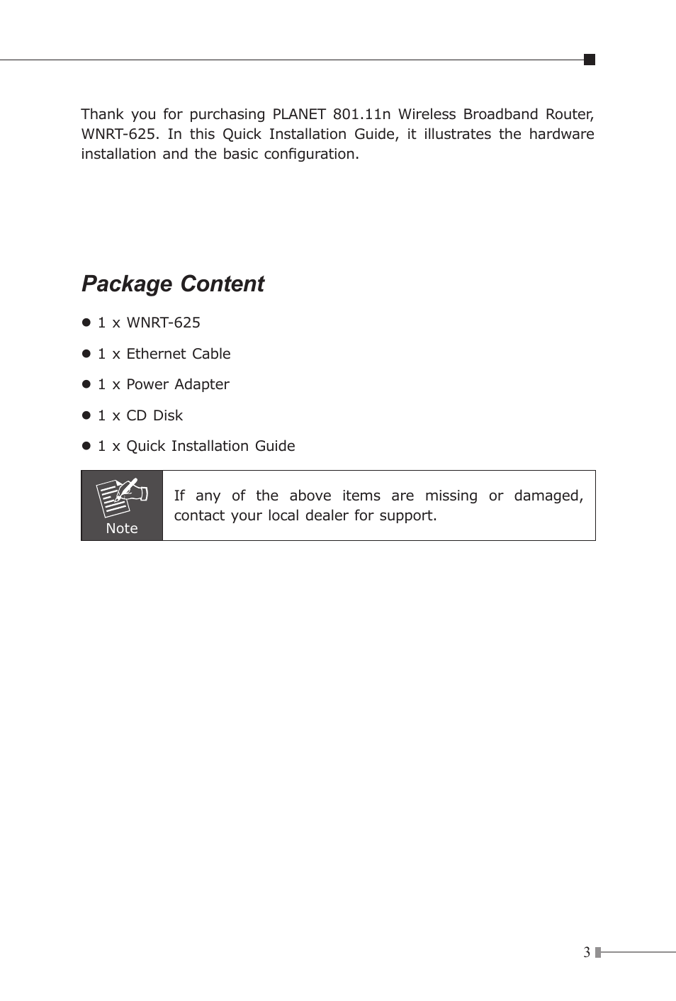 Package content | Planet Technology WNRT-625 User Manual | Page 3 / 8