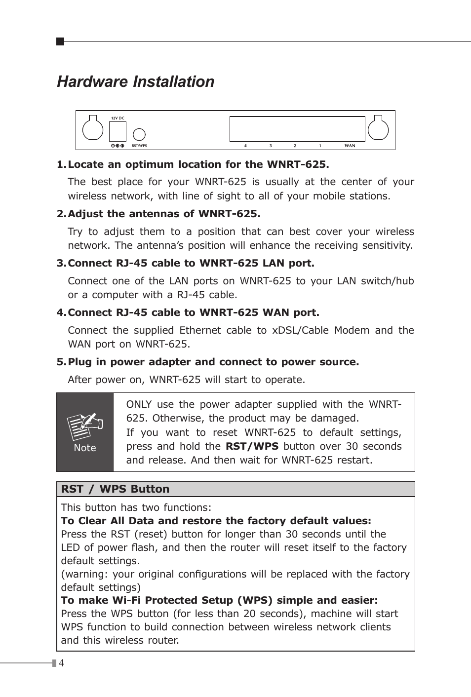 Hardware installation | Planet Technology WNRT-625 User Manual | Page 4 / 8