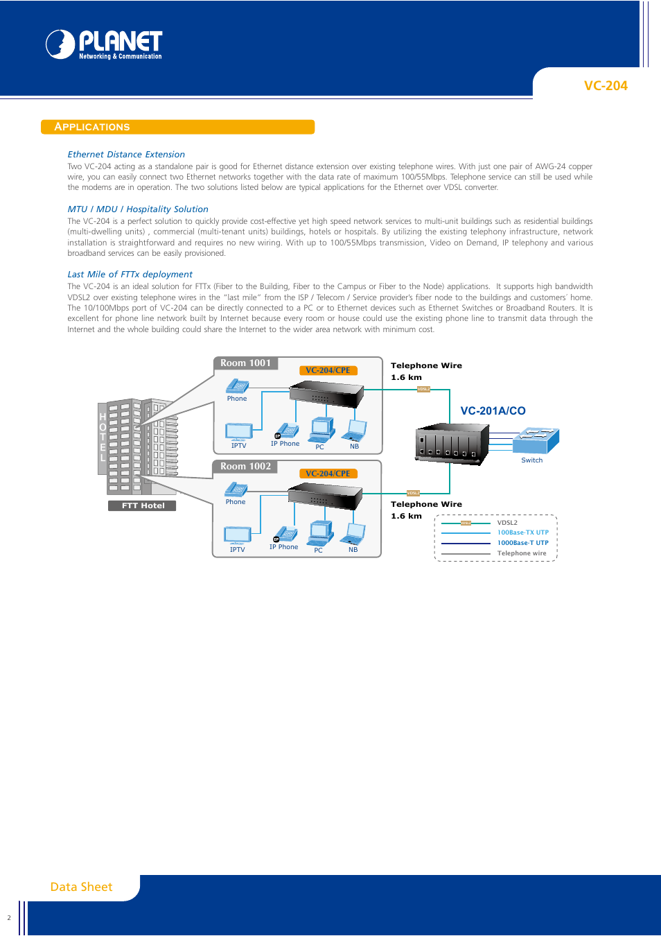 Vc-204, Data sheet, Applications | Vc-201a/co, Ｈｏ ｔ ｅ ｌ | Planet Technology VC-204 User Manual | Page 2 / 4