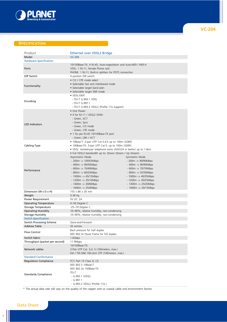 Vc-204, Data sheet, Specification | Planet Technology VC-204 User Manual | Page 3 / 4