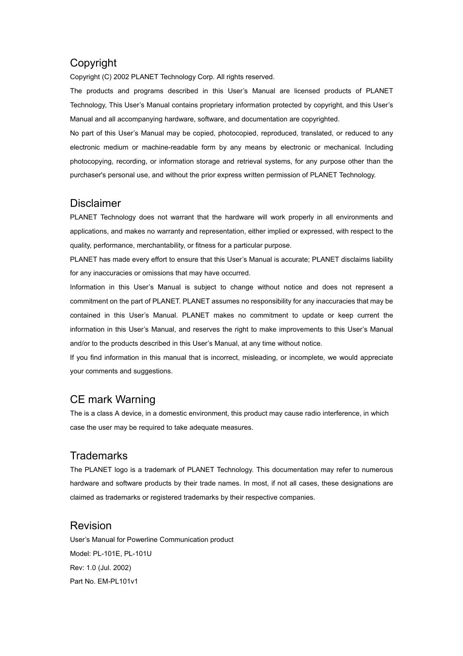 Copyright, Disclaimer, Ce mark warning | Trademarks, Revision | Planet Technology PL-101E User Manual | Page 2 / 24