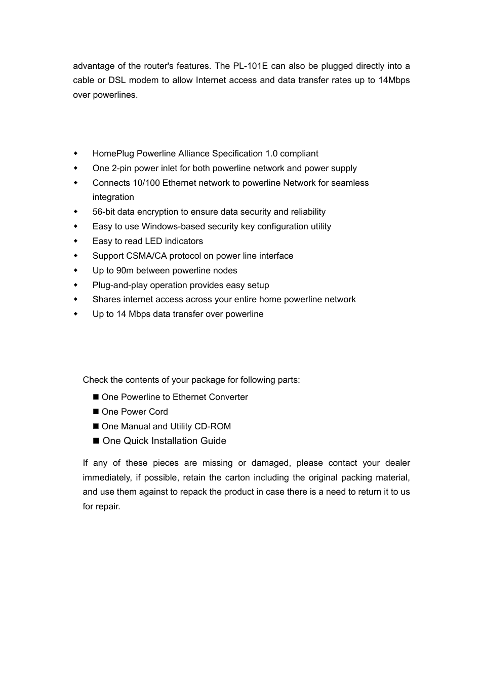 1 features, 2 package content, 3 hardware description | Planet Technology PL-101E User Manual | Page 5 / 24