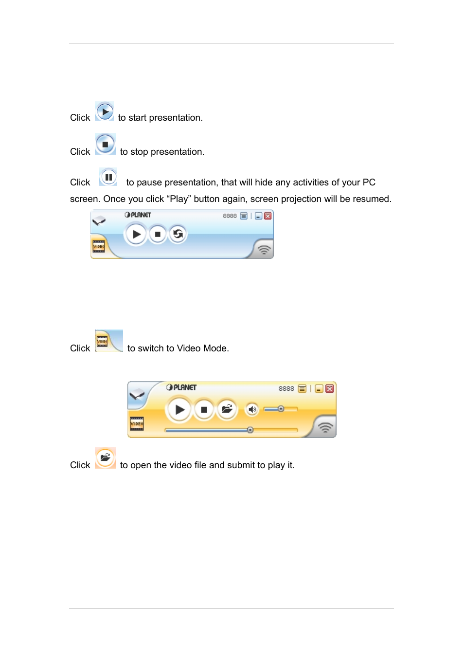 4 start / stop presentation, 5 start / stop playing video, Start / stop presentation | Start / stop playing video | Planet Technology WPG-110 User Manual | Page 14 / 36