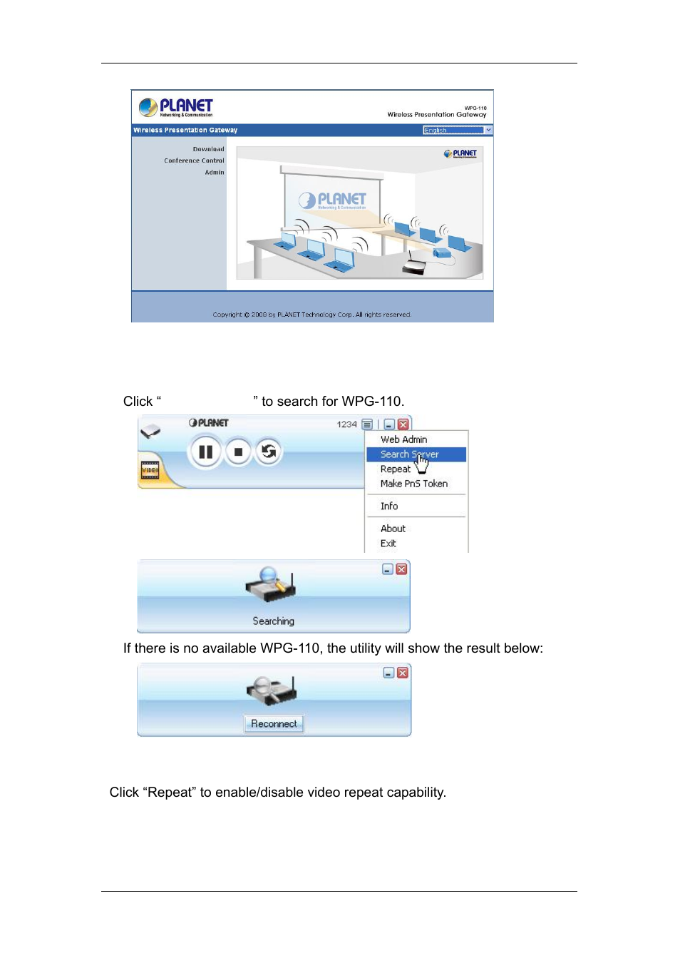 7 searching server, Searching server, 8 repeat | Planet Technology WPG-110 User Manual | Page 16 / 36