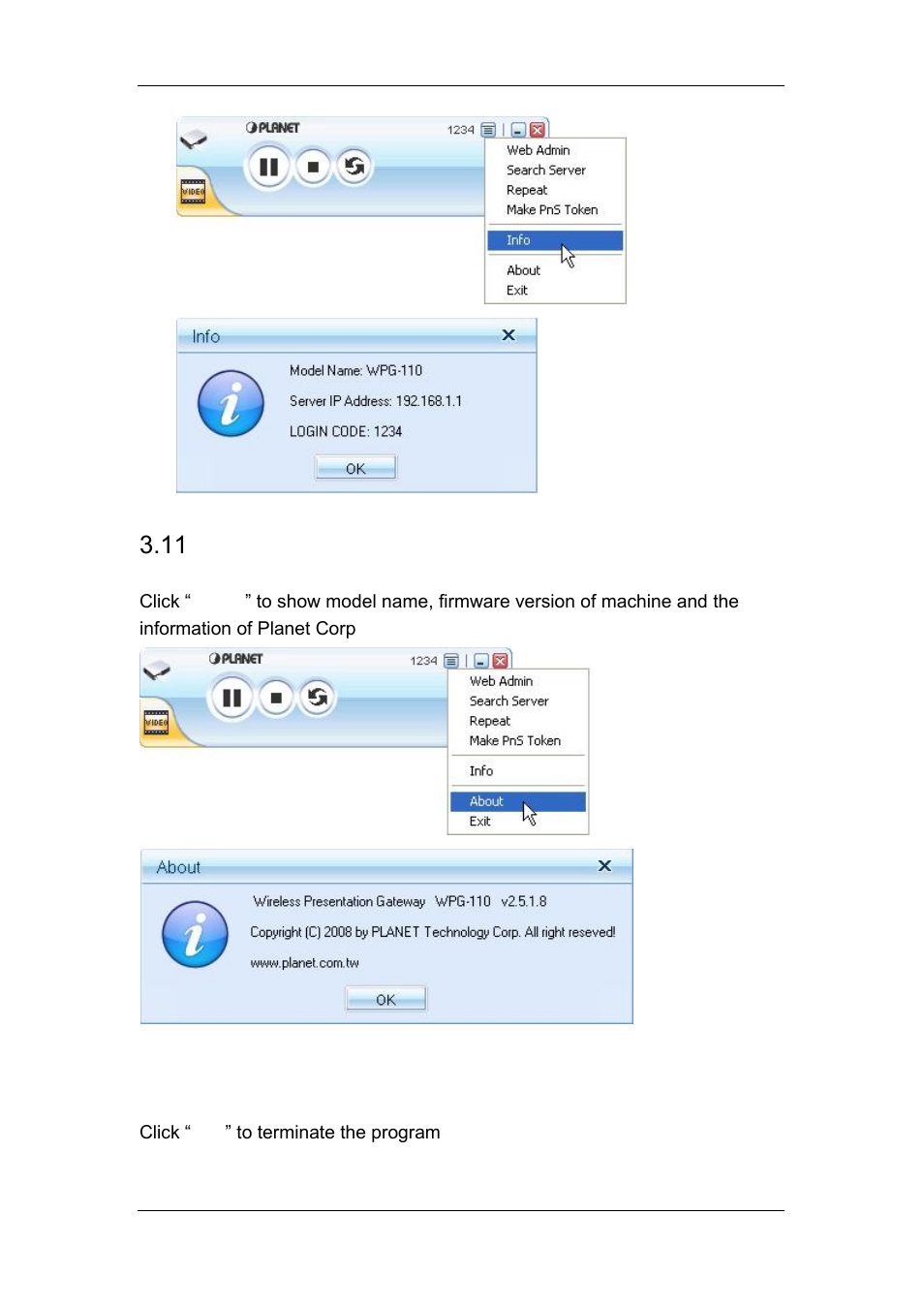 11 about, 12 exit program, About | Exit program | Planet Technology WPG-110 User Manual | Page 19 / 36