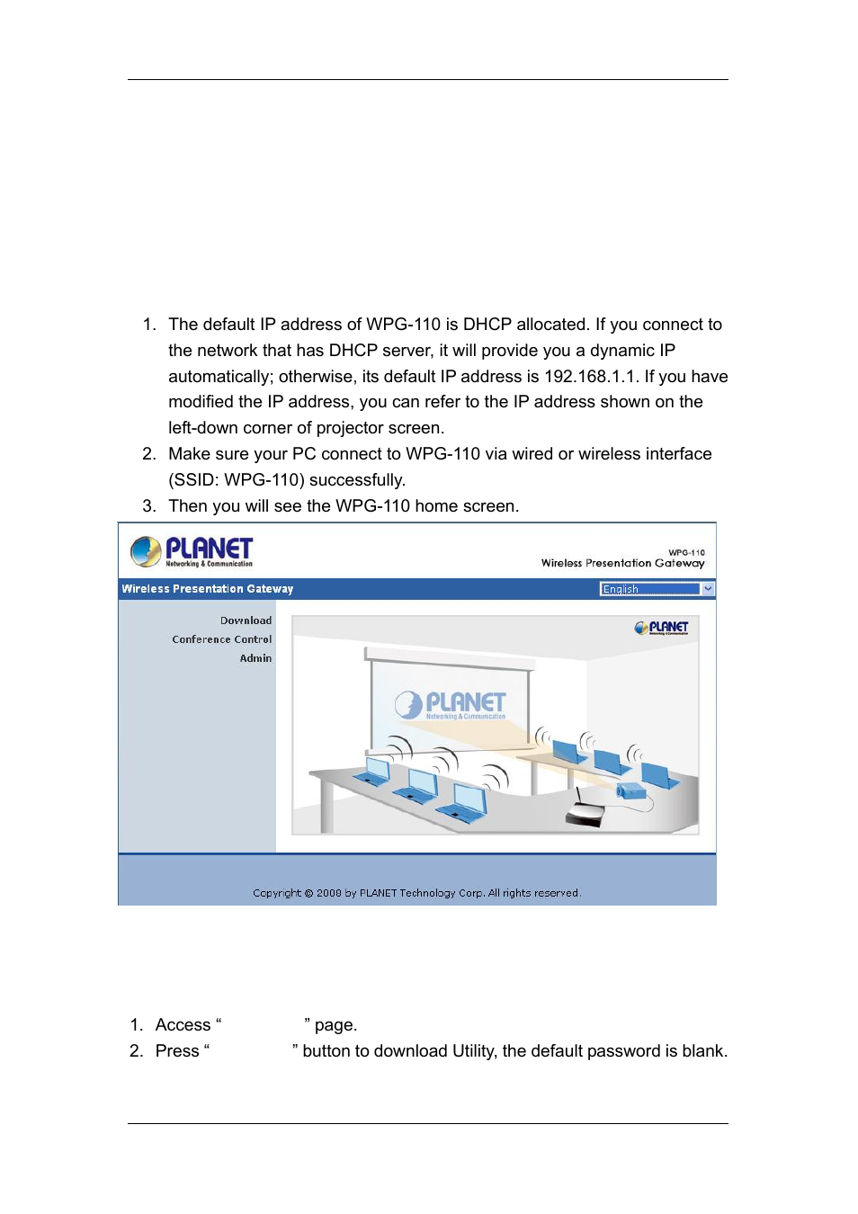 Web management, 2 download software, Download software | 1 home page | Planet Technology WPG-110 User Manual | Page 21 / 36