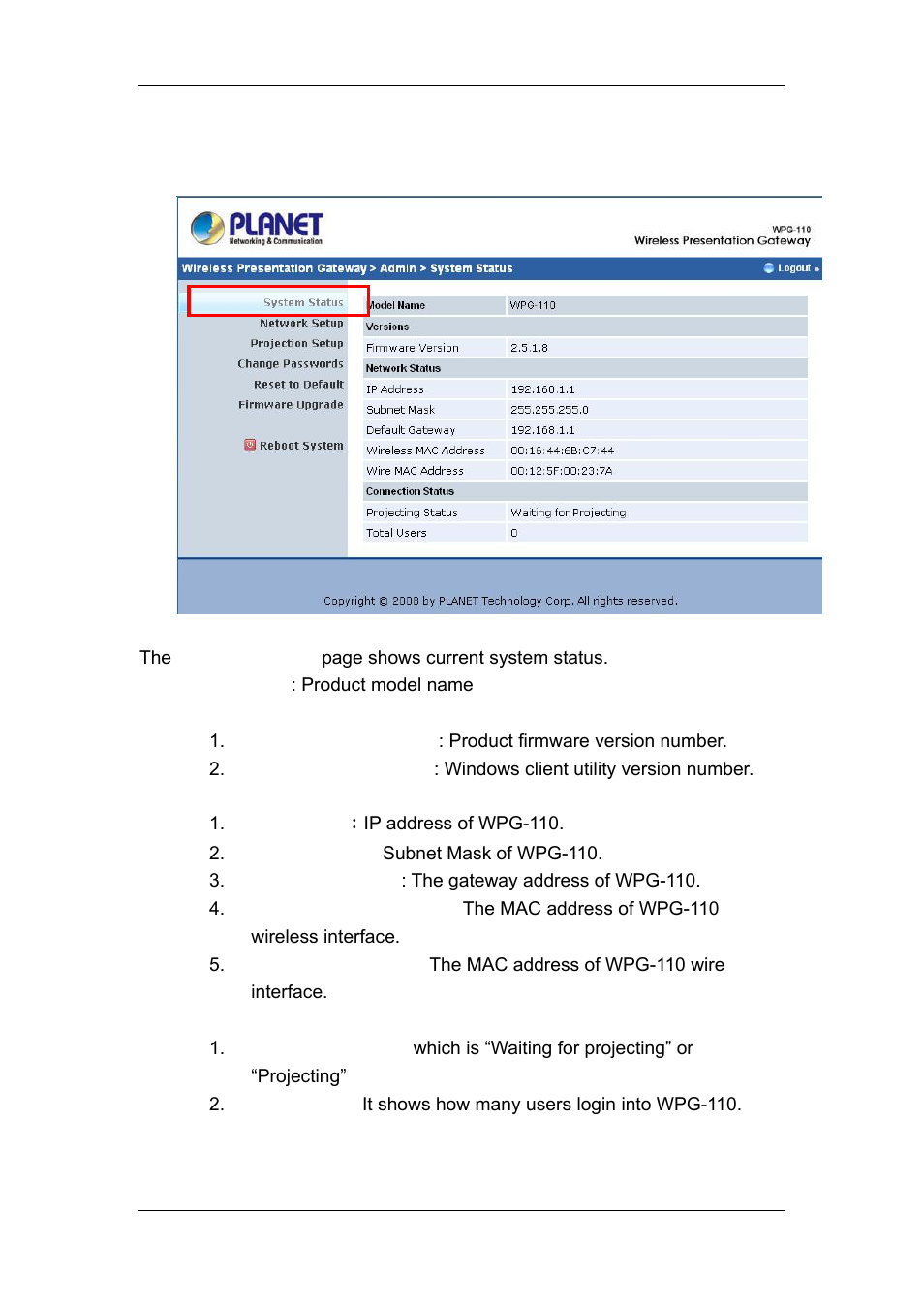 5 system status, System status | Planet Technology WPG-110 User Manual | Page 25 / 36