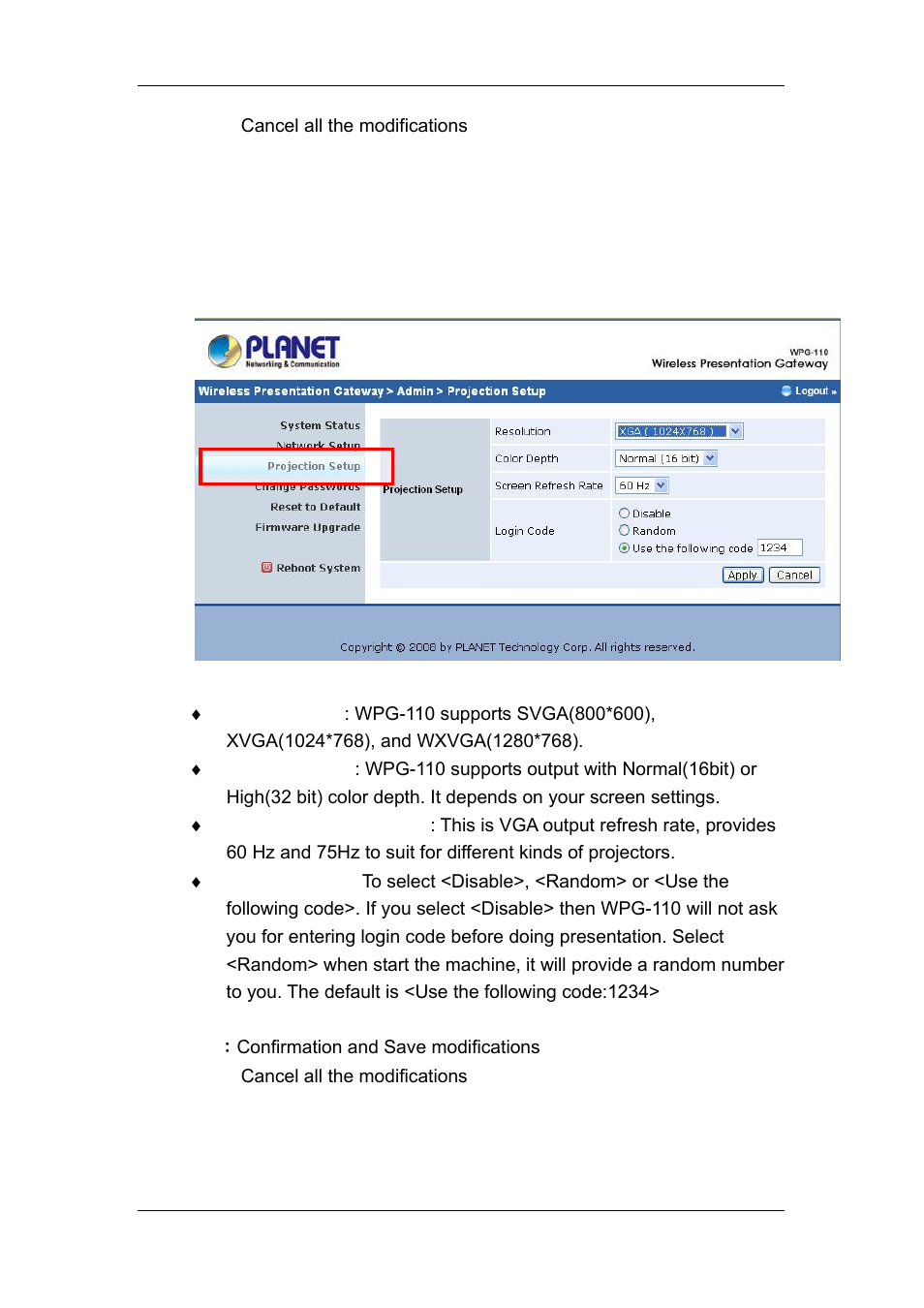 7 projection setup, Projection setup | Planet Technology WPG-110 User Manual | Page 28 / 36