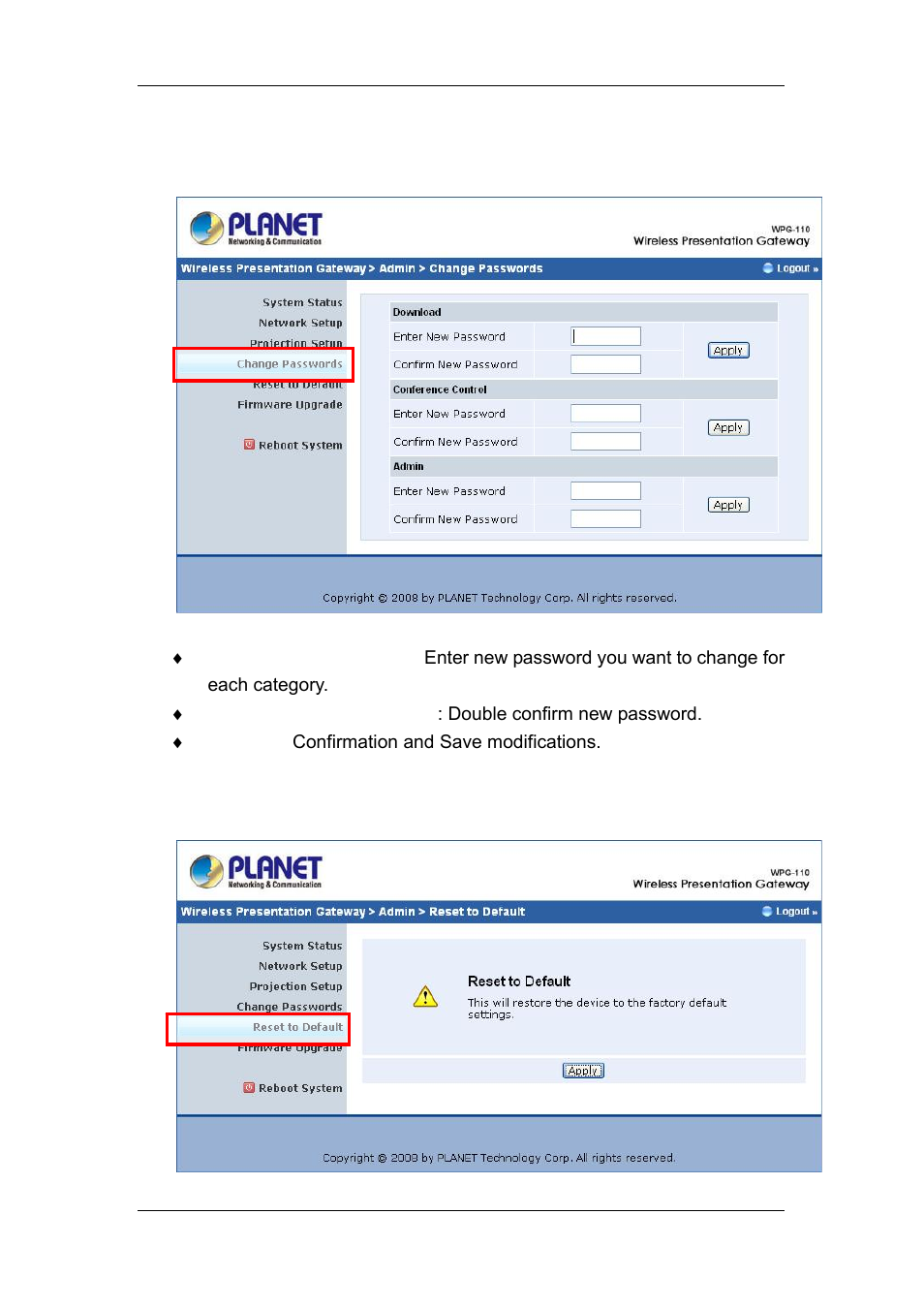 8 change passwords, 9 reset to default, Change passwords | Reset to default | Planet Technology WPG-110 User Manual | Page 29 / 36
