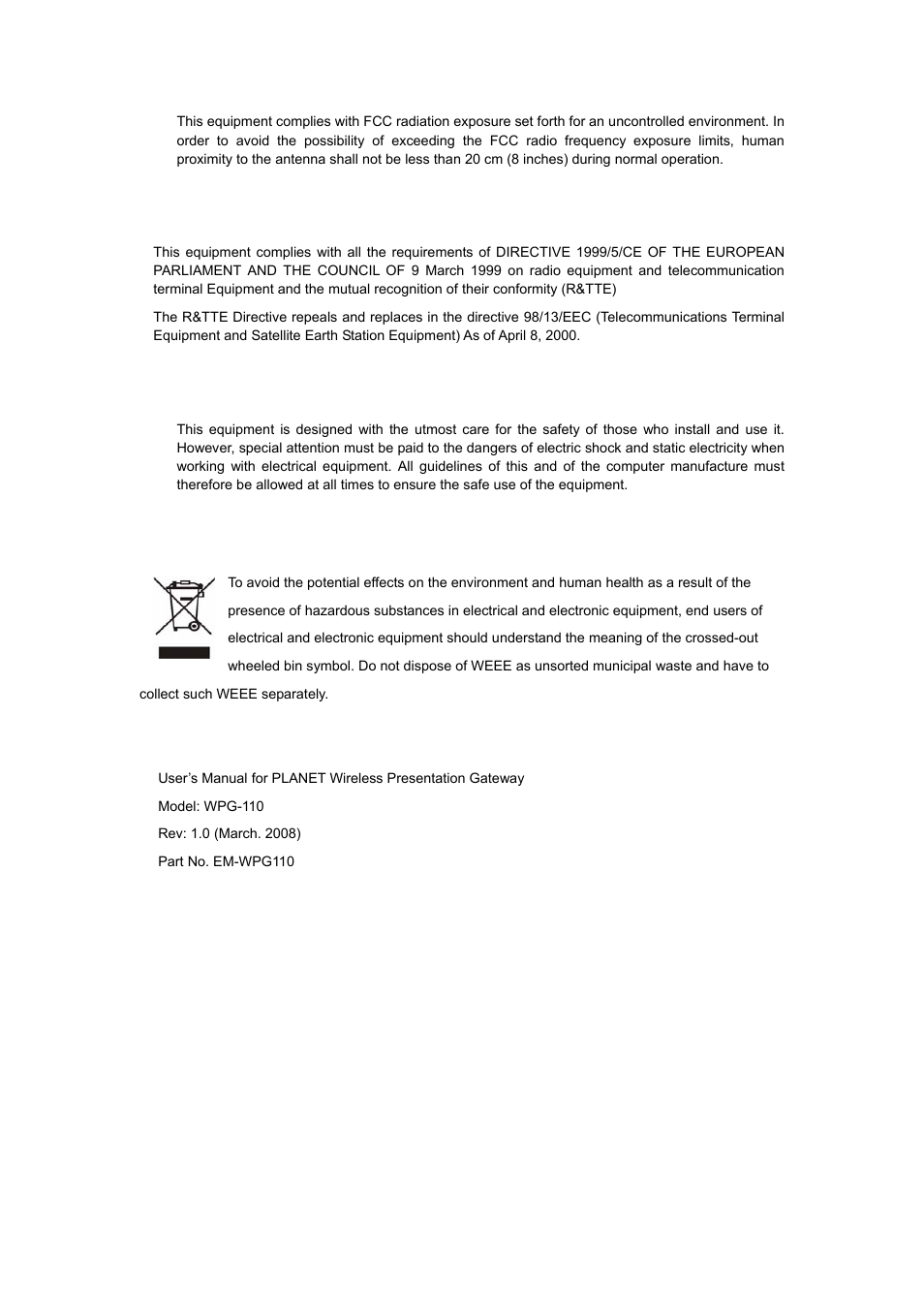 Revision, R&tte compliance statement, Safety | Weee regulation | Planet Technology WPG-110 User Manual | Page 3 / 36