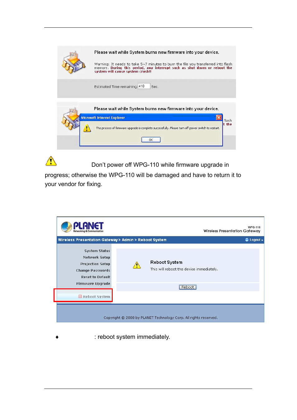 11 reboot system, Reboot system | Planet Technology WPG-110 User Manual | Page 31 / 36