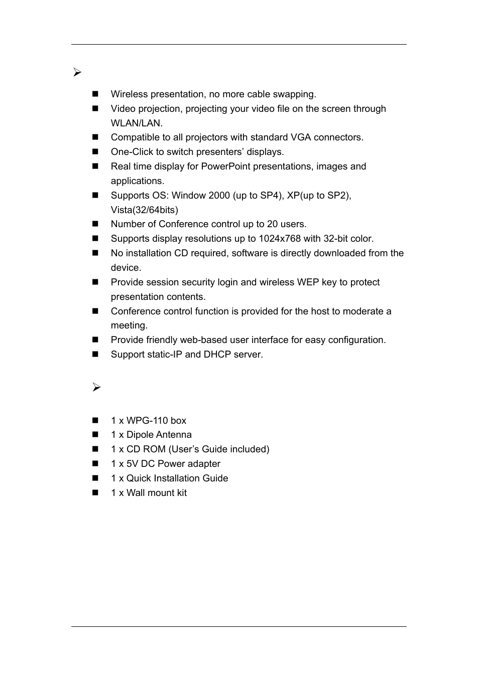 Features, Packet content | Planet Technology WPG-110 User Manual | Page 7 / 36