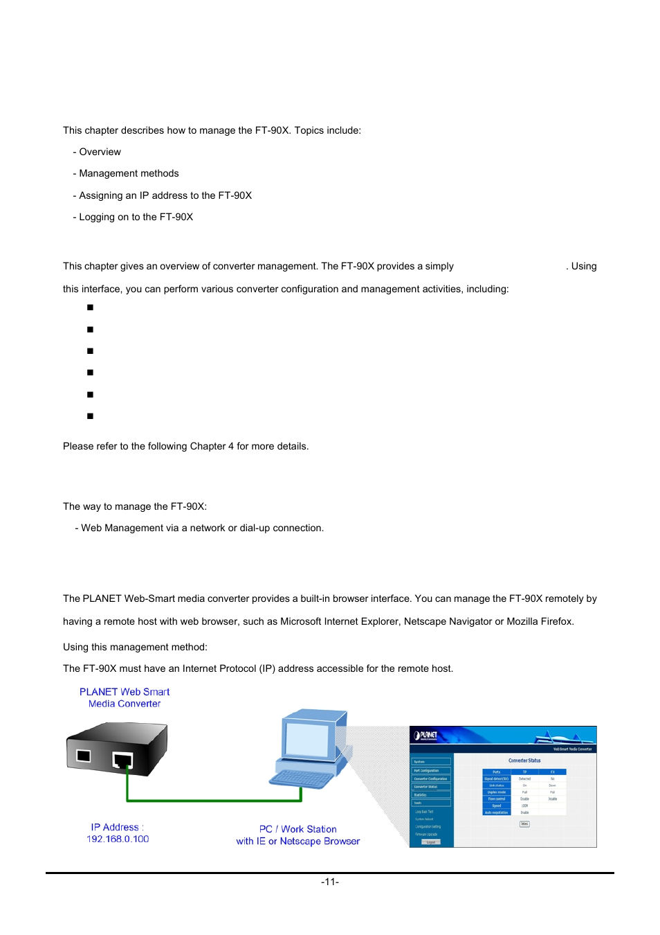 Web management, 1 overview, 2 management methods | 1 web management | Planet Technology FT-90X FT-906A20 User Manual | Page 14 / 40