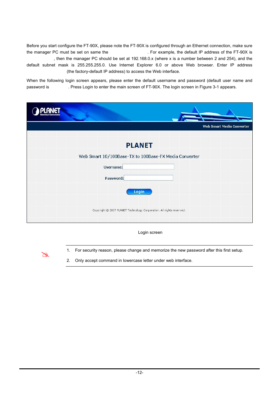 2 login the media converter | Planet Technology FT-90X FT-906A20 User Manual | Page 15 / 40