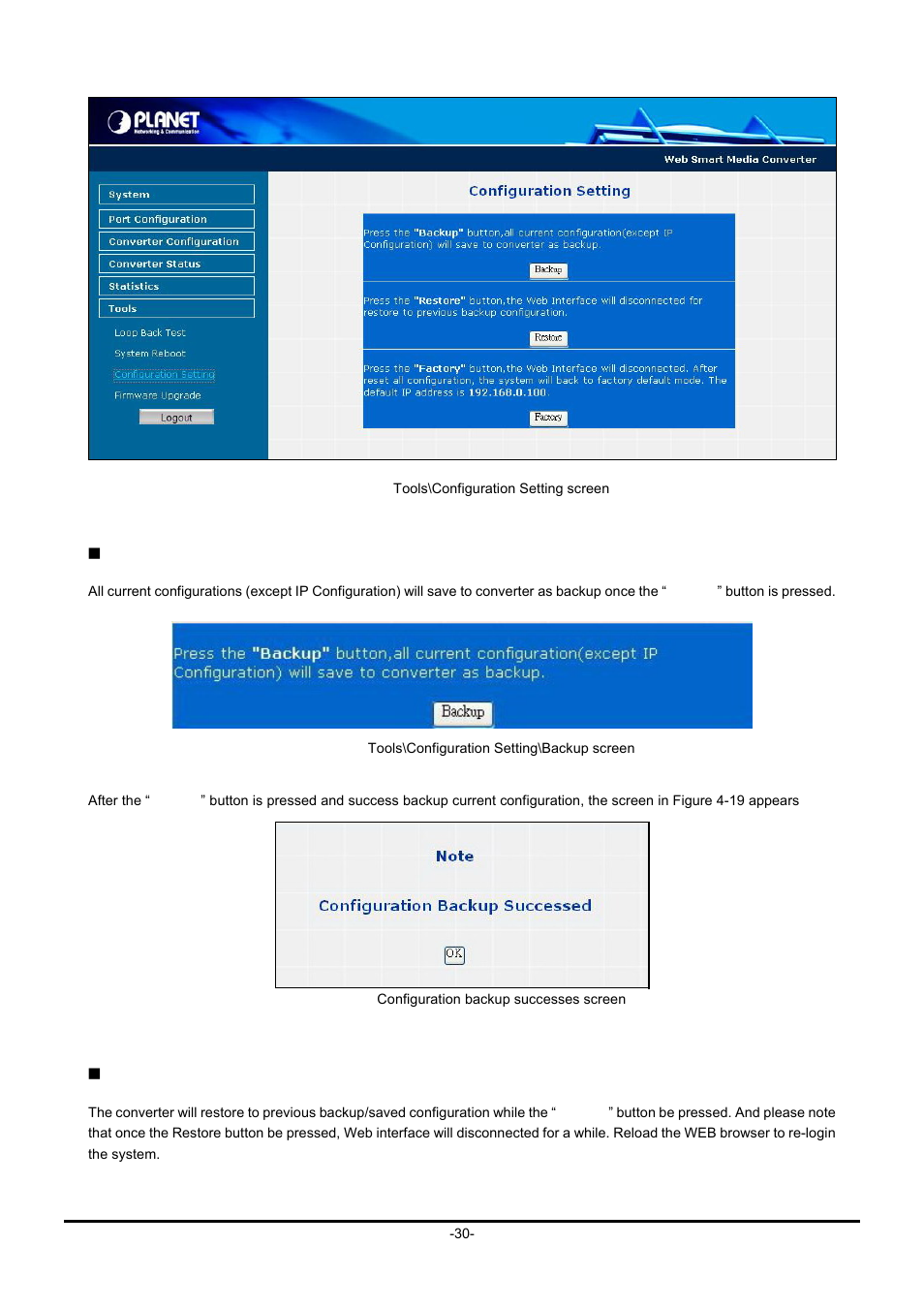 Backup, Restore | Planet Technology FT-90X FT-906A20 User Manual | Page 33 / 40