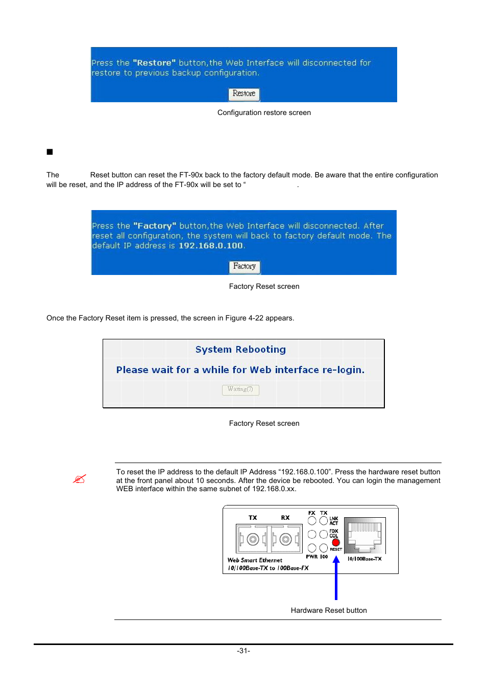 Factory reset | Planet Technology FT-90X FT-906A20 User Manual | Page 34 / 40