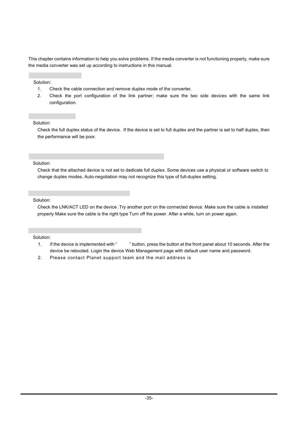 Troubleshooting | Planet Technology FT-90X FT-906A20 User Manual | Page 38 / 40