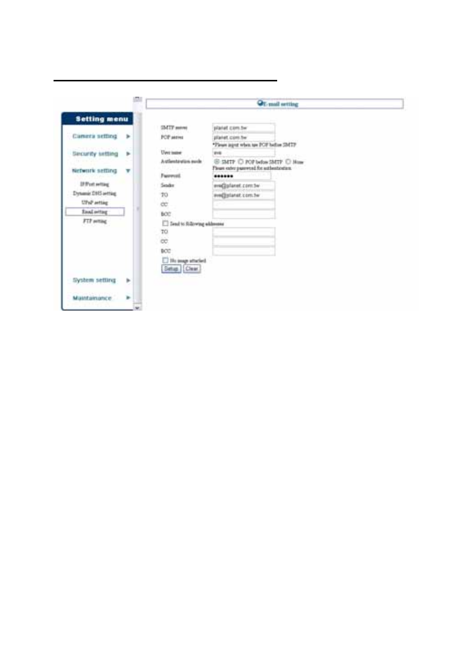 Network setting > email setting | Planet Technology ICA-210W User Manual | Page 44 / 101