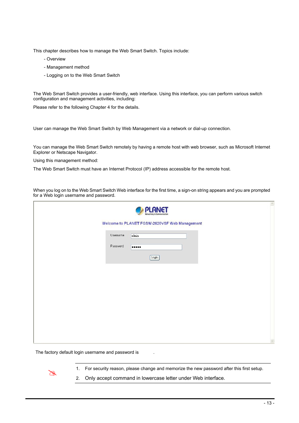 Switch management, 1 overview, 2 management method | 1 web management, 3 logging on to the web smart switch, Verview, Anagement, Ethod, Ogging on to the, Mart | Planet Technology FGSW-2624SF User Manual | Page 13 / 89