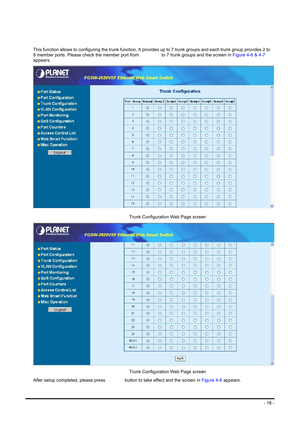 4 trunk configuration, Runk configuration | Planet Technology FGSW-2624SF User Manual | Page 18 / 89