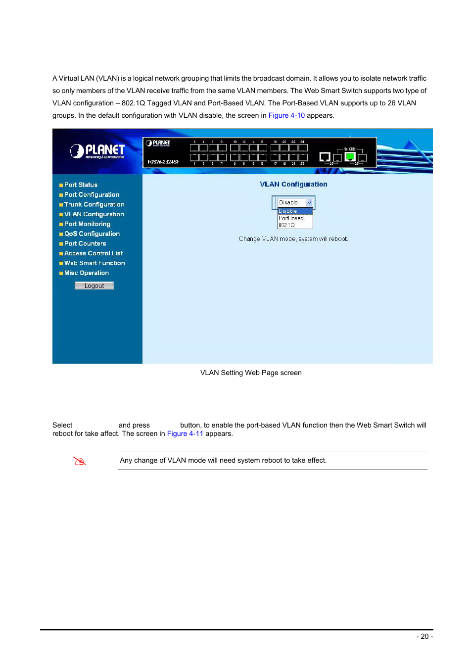 5 vlan configuration, Vlan, Configuration | Planet Technology FGSW-2624SF User Manual | Page 20 / 89