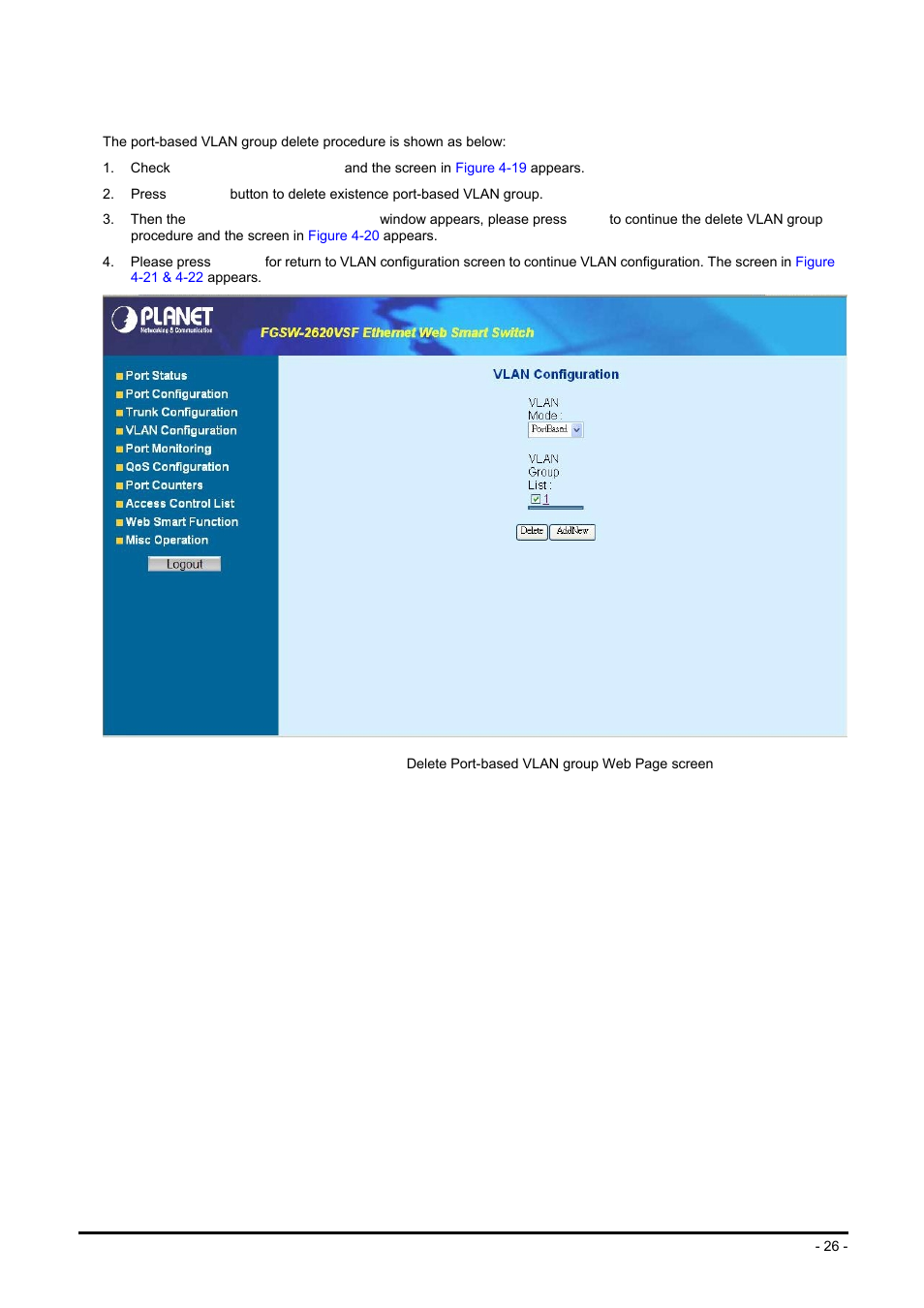 3 delete existence port-based vlan group | Planet Technology FGSW-2624SF User Manual | Page 26 / 89