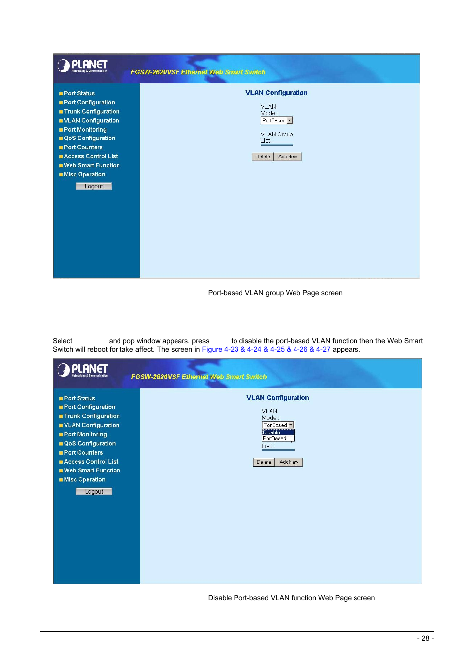 4 disable port-based vlan function | Planet Technology FGSW-2624SF User Manual | Page 28 / 89