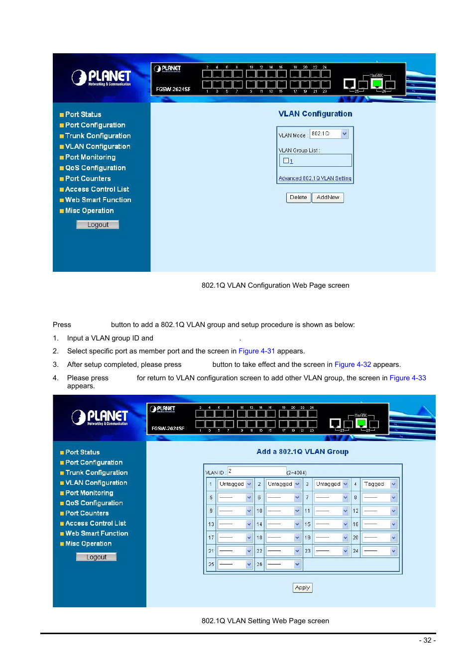 Planet Technology FGSW-2624SF User Manual | Page 32 / 89