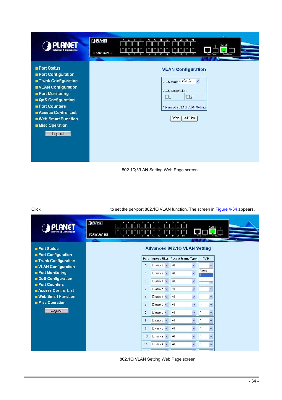 6 configure advanced 802.1q vlan setting | Planet Technology FGSW-2624SF User Manual | Page 34 / 89