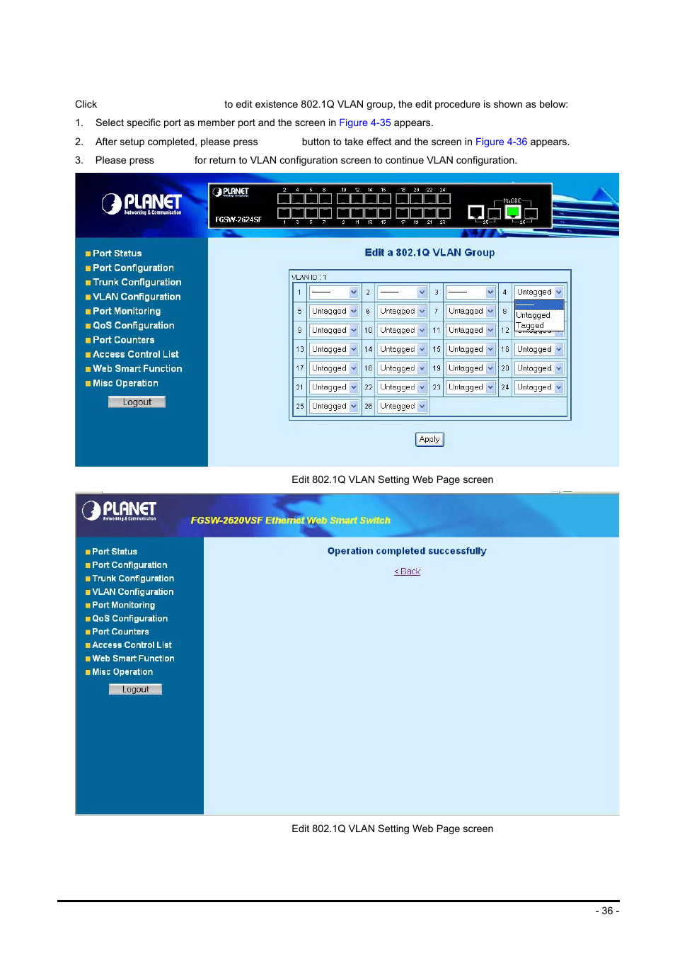 7 edit existence 802.1q vlan group | Planet Technology FGSW-2624SF User Manual | Page 36 / 89